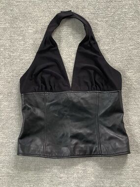 Cami International Black Halter Bustier-Style Top with Leather Midriff Sz. 12